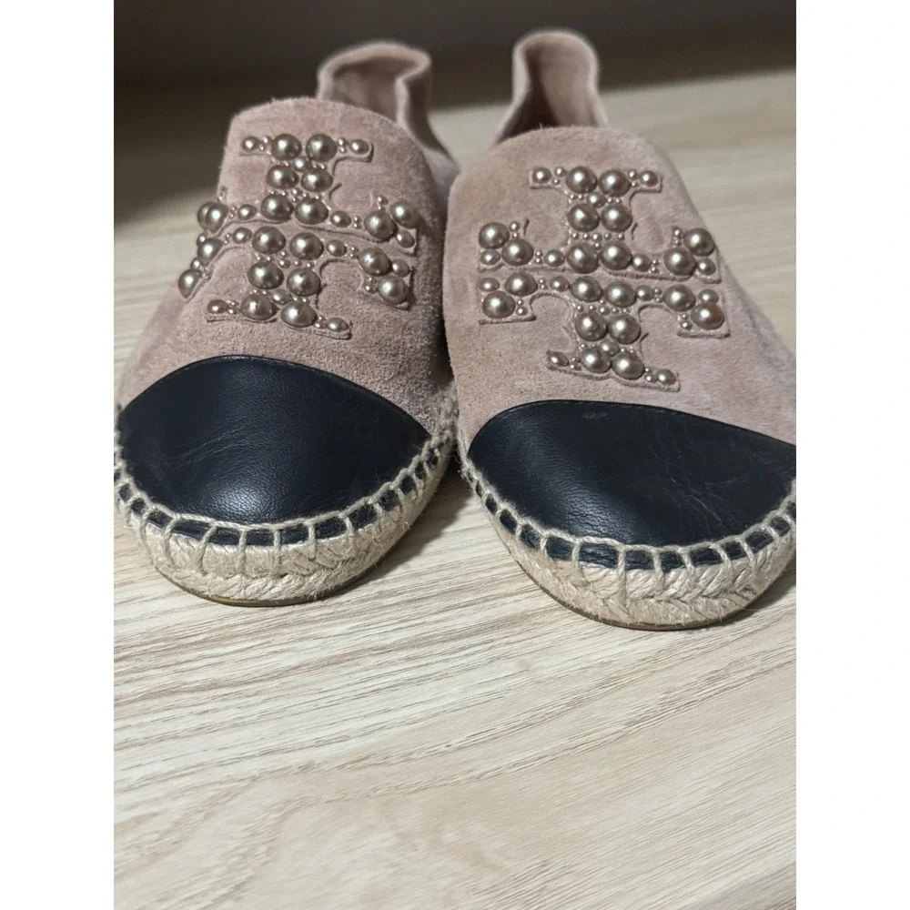 TORY BURCH Pearl Logo Flat Espadrille Suede-MEADOWSWEET size 8.5M